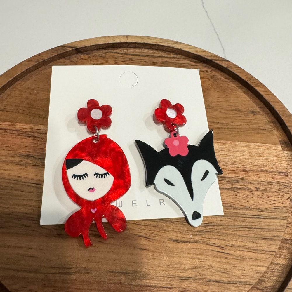 Little red riding hood and wolf acrylic earrings handmade unique